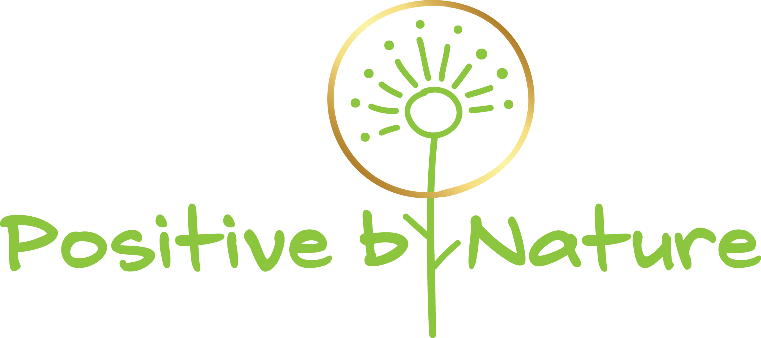Het logo toont een gestileerde groene paardenbloem, elegant gecombineerd met de zin "Positive by Nature", wat een gevoel van natuurlijk optimisme vastlegt.